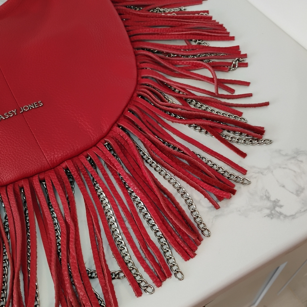 NWT Sassy Jones Leather Bag - Red Dina Pebbled Leather Fringe Crossbody Hobo - Picture 6 of 13